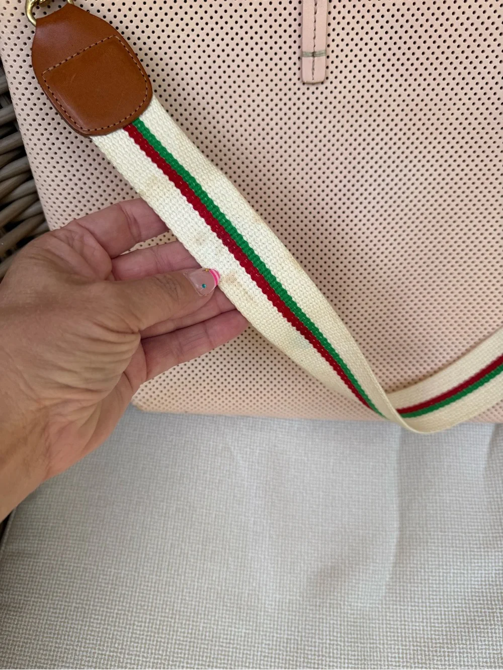 Clare V Blush Pink Perforated Tote with Striped Shoulder Strap - Picture 7 of 14